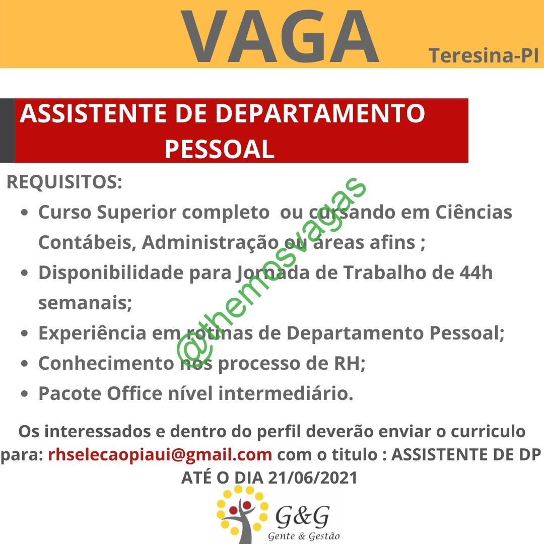 Assistente De Departamento Pessoal Teresina Pi Vaga S